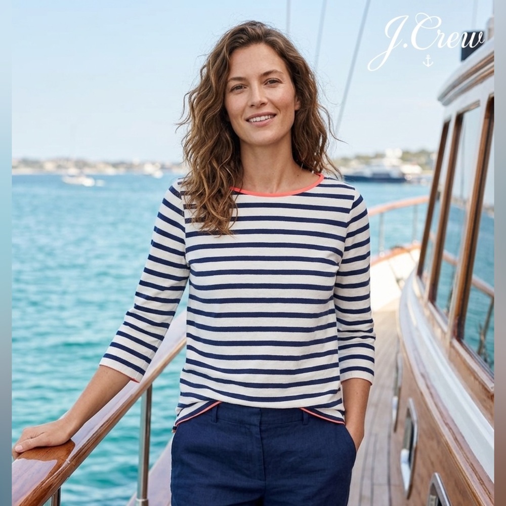 J. Crew Navy and White Striped 3/4 Sleeve Boatneck Top with Coral Trim